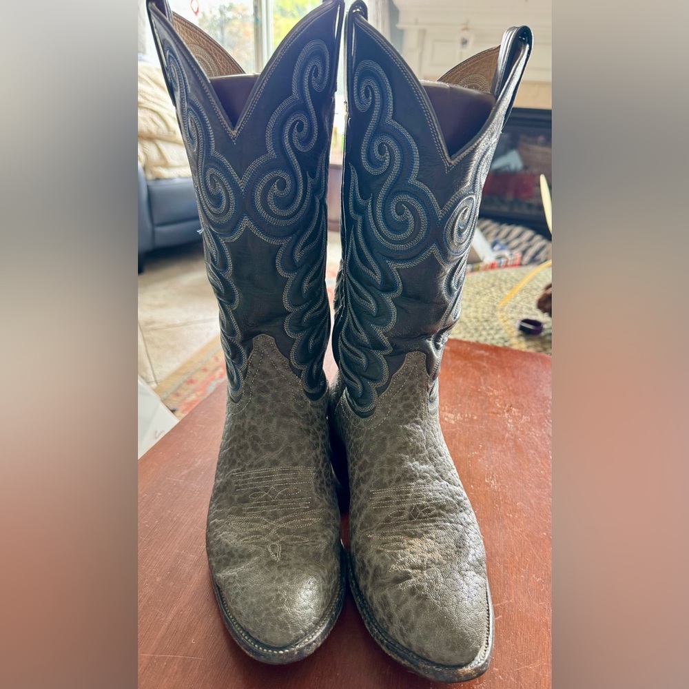 Tony Lama Gray Cowboy Boots with Decorative Patterns